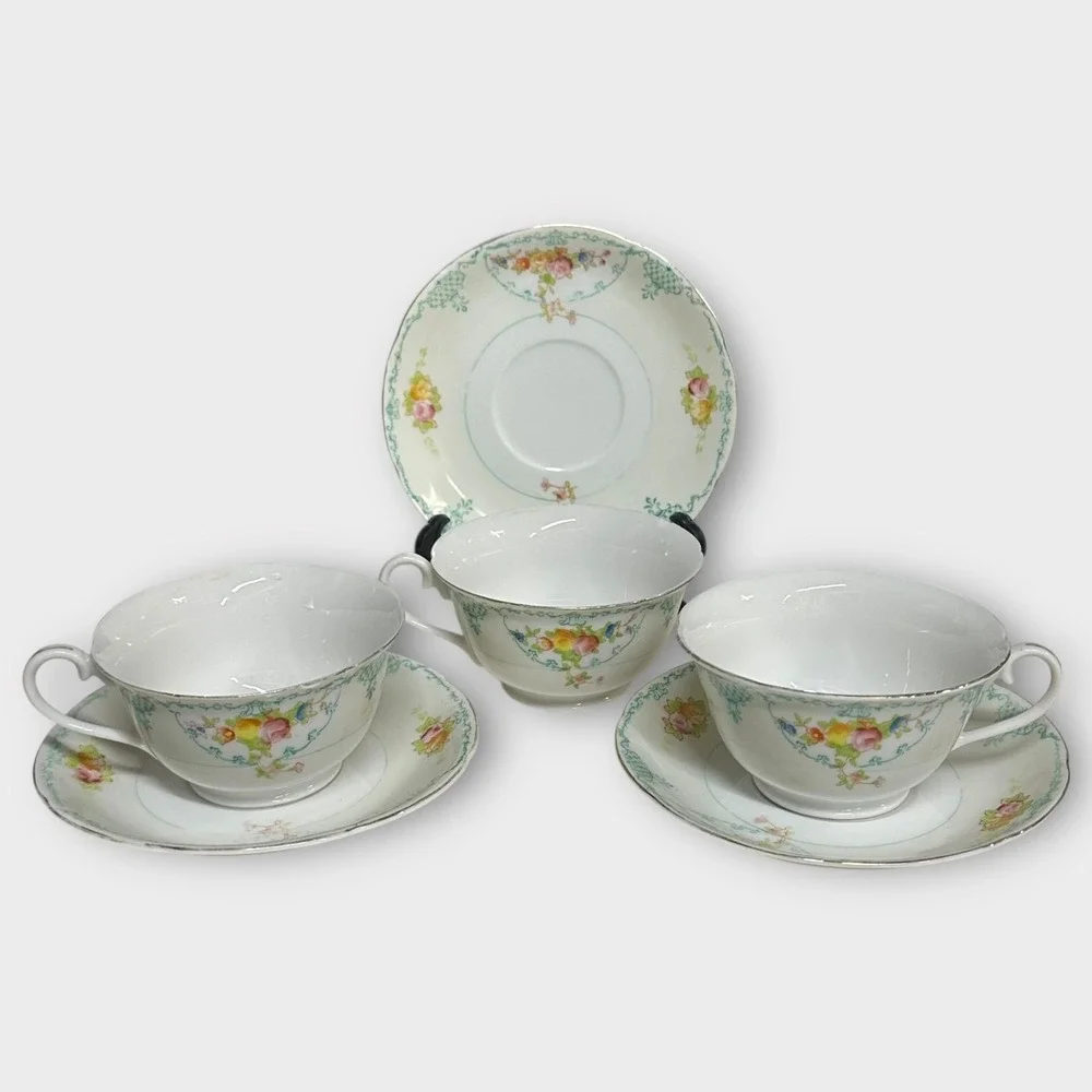 VTG Harco Japan Tea Cup & Saucer SET‎ OF 3 Hand Painted Floral Lattice Porcelain
